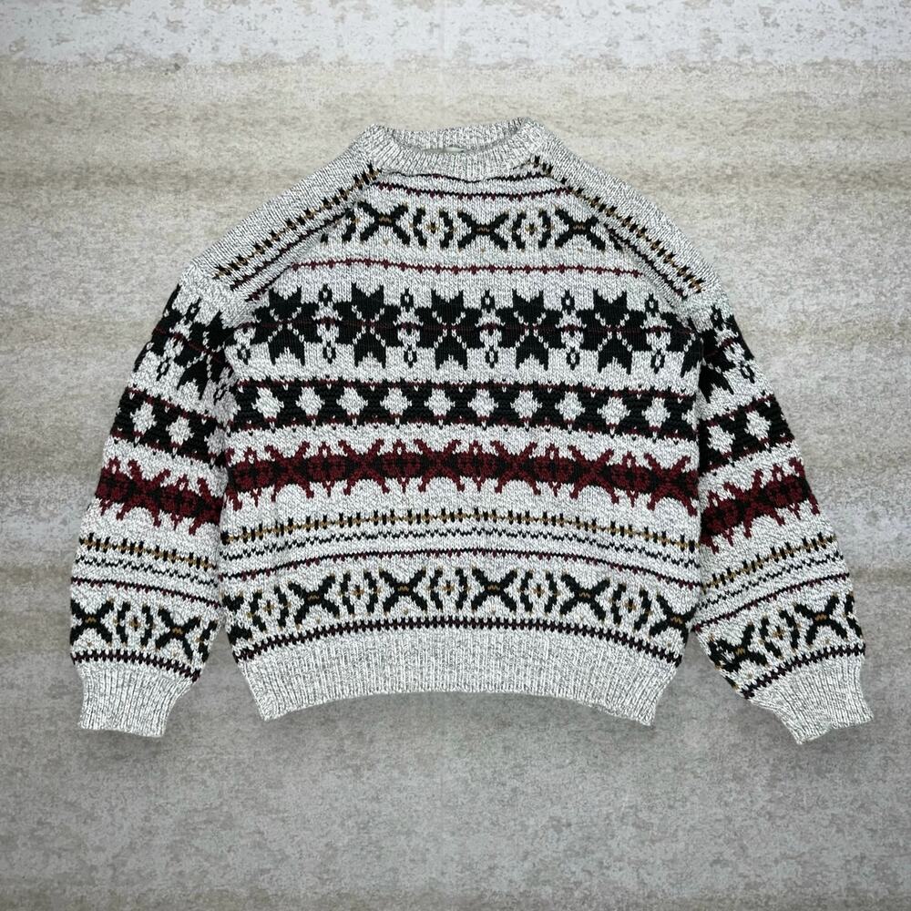 Vintage 90s Grandpa Sweater Mens XL Loose Fit Light Tan Cotton Crazy Pattern
